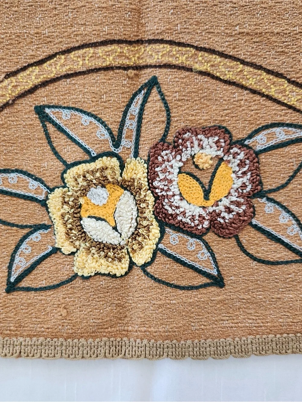 Vintage Floral Punch Needle Embroidered Arts & Crafts Style Table Runner Pair